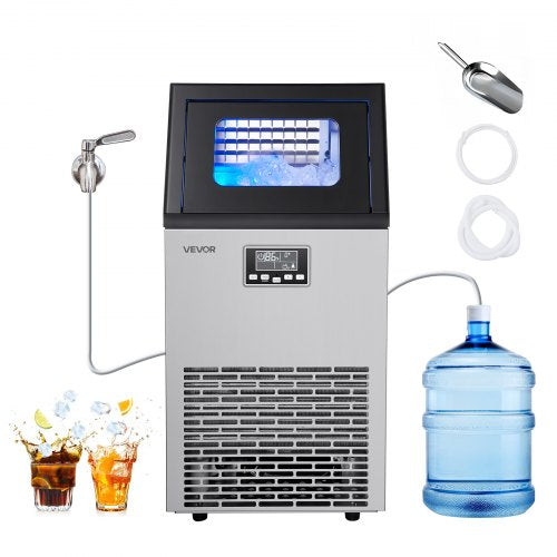 Commercial Ice Maker Machine, 54.43 kg/24h with 12.7kg Storage, 45 Cubes per Cycle, Stainless Steel Freestanding & Under Counter Ice Maker with LED Display & Self-Cleaning, for Bar Restaurant