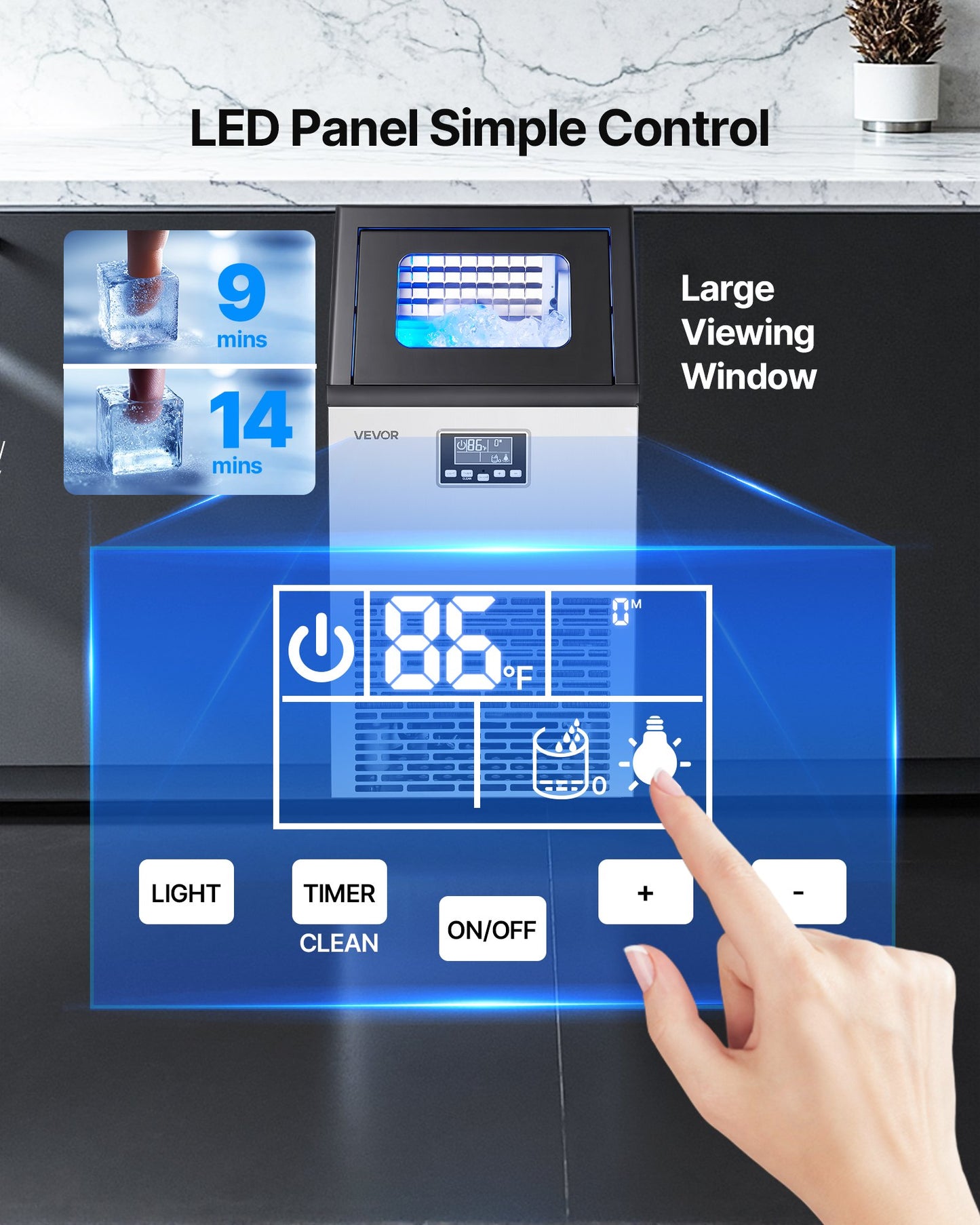 Commercial Ice Maker Machine, 54.43 kg/24h with 12.7kg Storage, 45 Cubes per Cycle, Stainless Steel Freestanding & Under Counter Ice Maker with LED Display & Self-Cleaning, for Bar Restaurant
