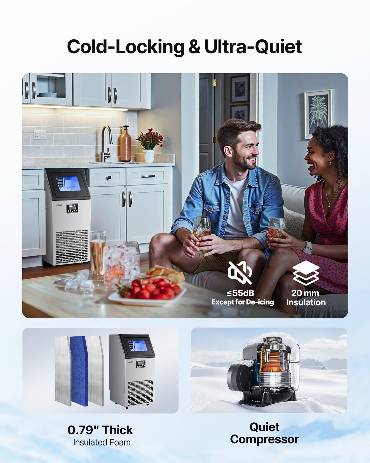 Commercial Ice Maker Machine, 54.43 kg/24h with 12.7kg Storage, 45 Cubes per Cycle, Stainless Steel Freestanding & Under Counter Ice Maker with LED Display & Self-Cleaning, for Bar Restaurant