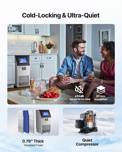 Commercial Ice Maker Machine, 54.43 kg/24h with 12.7kg Storage, 45 Cubes per Cycle, Stainless Steel Freestanding & Under Counter Ice Maker with LED Display & Self-Cleaning, for Bar Restaurant