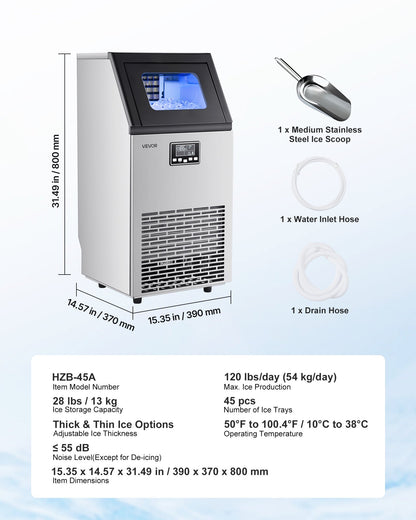 Commercial Ice Maker Machine, 54.43 kg/24h with 12.7kg Storage, 45 Cubes per Cycle, Stainless Steel Freestanding & Under Counter Ice Maker with LED Display & Self-Cleaning, for Bar Restaurant
