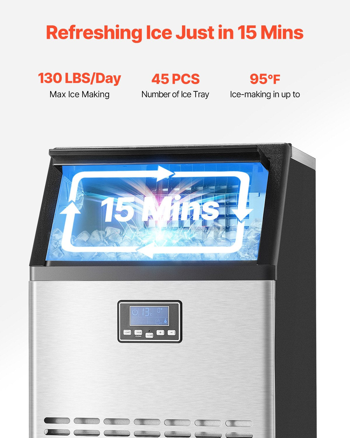 130lbs/24H Commercial Ice Maker, 45 Ice Cubes in 15 Minutes, Freestanding Ice Maker Machine with 33lbs Large Storage Capacity for Bar Office Restaurant, with LED Digital Display & Self-Cleaning