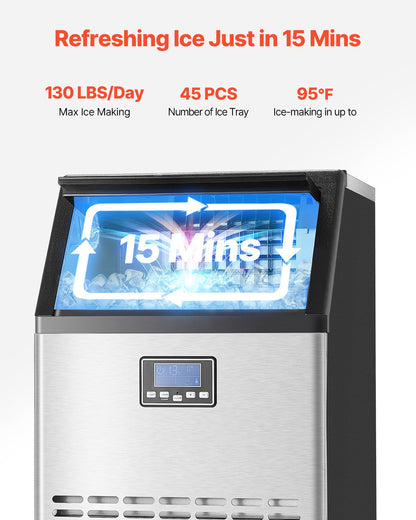 130lbs/24H Commercial Ice Maker, 45 Ice Cubes in 15 Minutes, Freestanding Ice Maker Machine with 33lbs Large Storage Capacity for Bar Office Restaurant, with LED Digital Display & Self-Cleaning