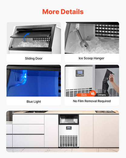 130lbs/24H Commercial Ice Maker, 45 Ice Cubes in 15 Minutes, Freestanding Ice Maker Machine with 33lbs Large Storage Capacity for Bar Office Restaurant, with LED Digital Display & Self-Cleaning