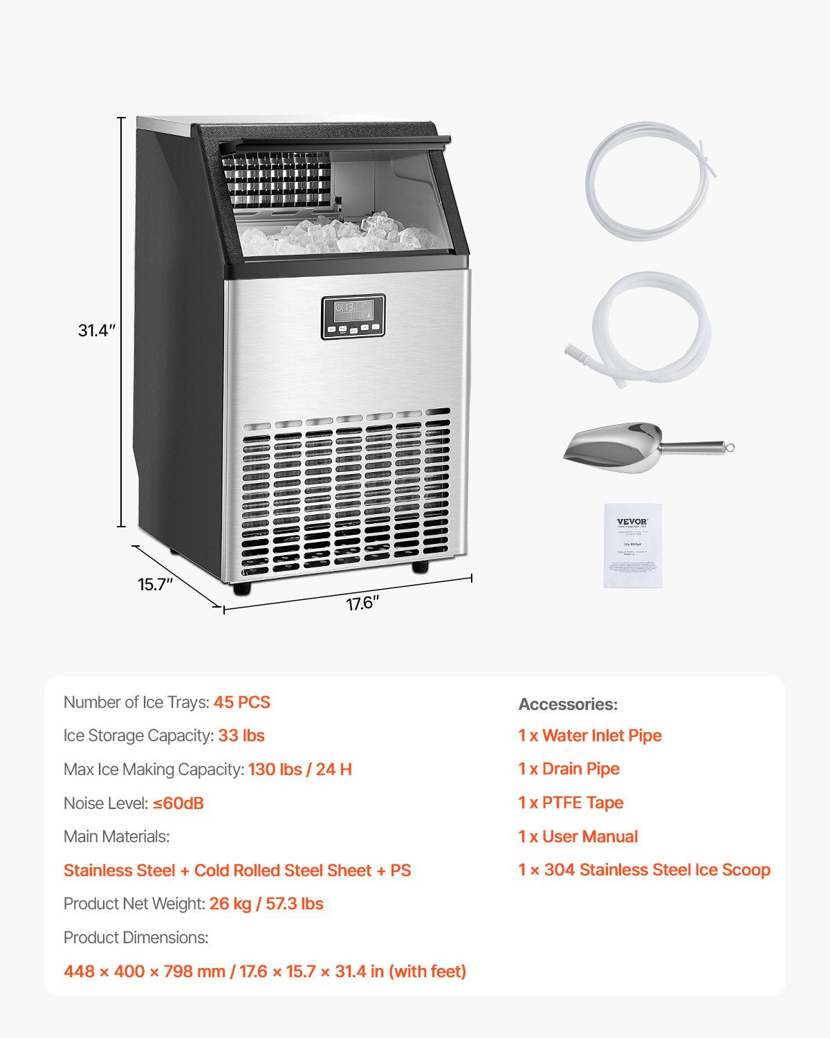 130lbs/24H Commercial Ice Maker, 45 Ice Cubes in 15 Minutes, Freestanding Ice Maker Machine with 33lbs Large Storage Capacity for Bar Office Restaurant, with LED Digital Display & Self-Cleaning