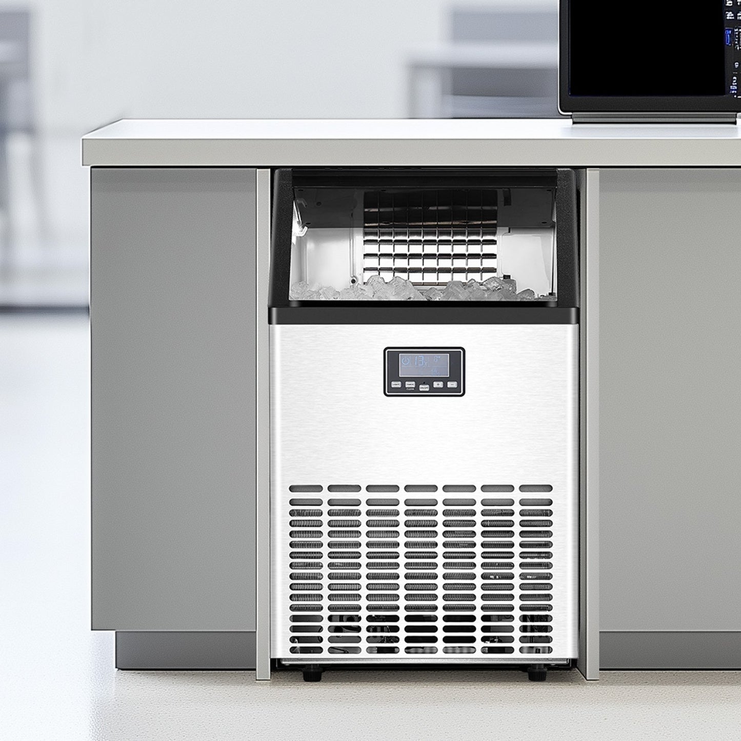 130lbs/24H Commercial Ice Maker, 45 Ice Cubes in 15 Minutes, Freestanding Ice Maker Machine with 33lbs Large Storage Capacity for Bar Office Restaurant, with LED Digital Display & Self-Cleaning