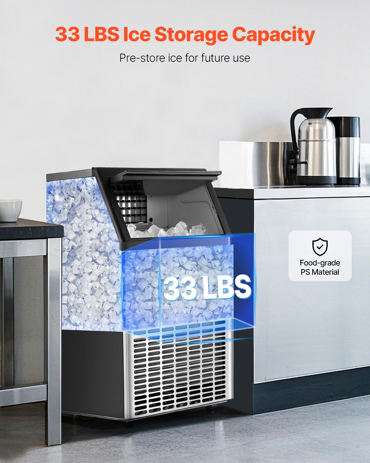 150lbs/24H Commercial Ice Maker, 45 Ice Cubes in 15 Minutes, Freestanding Ice Maker Machine with 33lbs Large Storage Capacity for Bar Office Restaurant, with LED Digital Display & Self-Cleaning