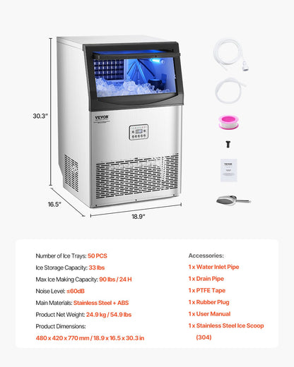 Commercial Ice Maker Machine, 90lbs/24H Ice Maker Machine with 33lbs Storage Capacity, 50 Ice Cubes in 15 Minutes, LED Digital Display Freestanding Self-Cleaning for Bar Office Restaurant