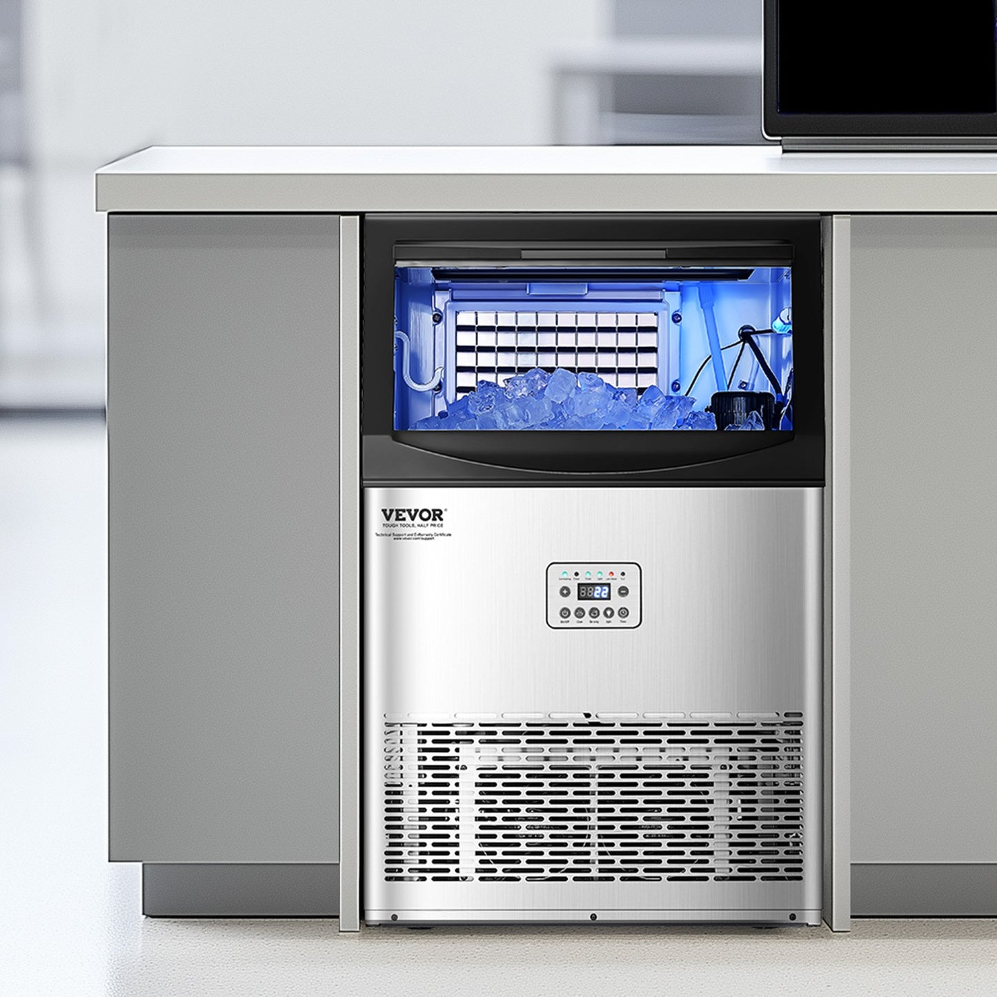 Commercial Ice Maker Machine, 90lbs/24H Ice Maker Machine with 33lbs Storage Capacity, 50 Ice Cubes in 15 Minutes, LED Digital Display Freestanding Self-Cleaning for Bar Office Restaurant