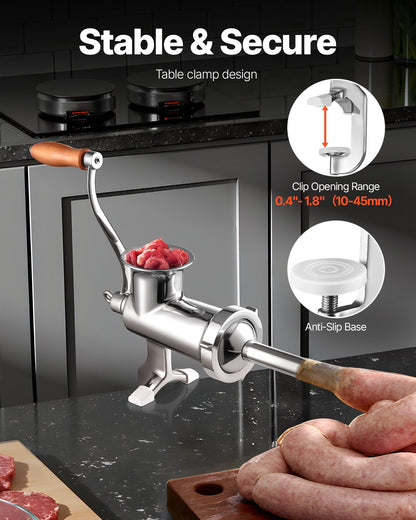 Manual Meat Grinder, 304 Stainless Steel Hand Meat Grinder with Steel Table Clamp, Meat Mincer Sausage Maker with 1 Cutting Blade, 2 Cutting Plates, Sausage Tube for Beef Pork Pepper Mushroom