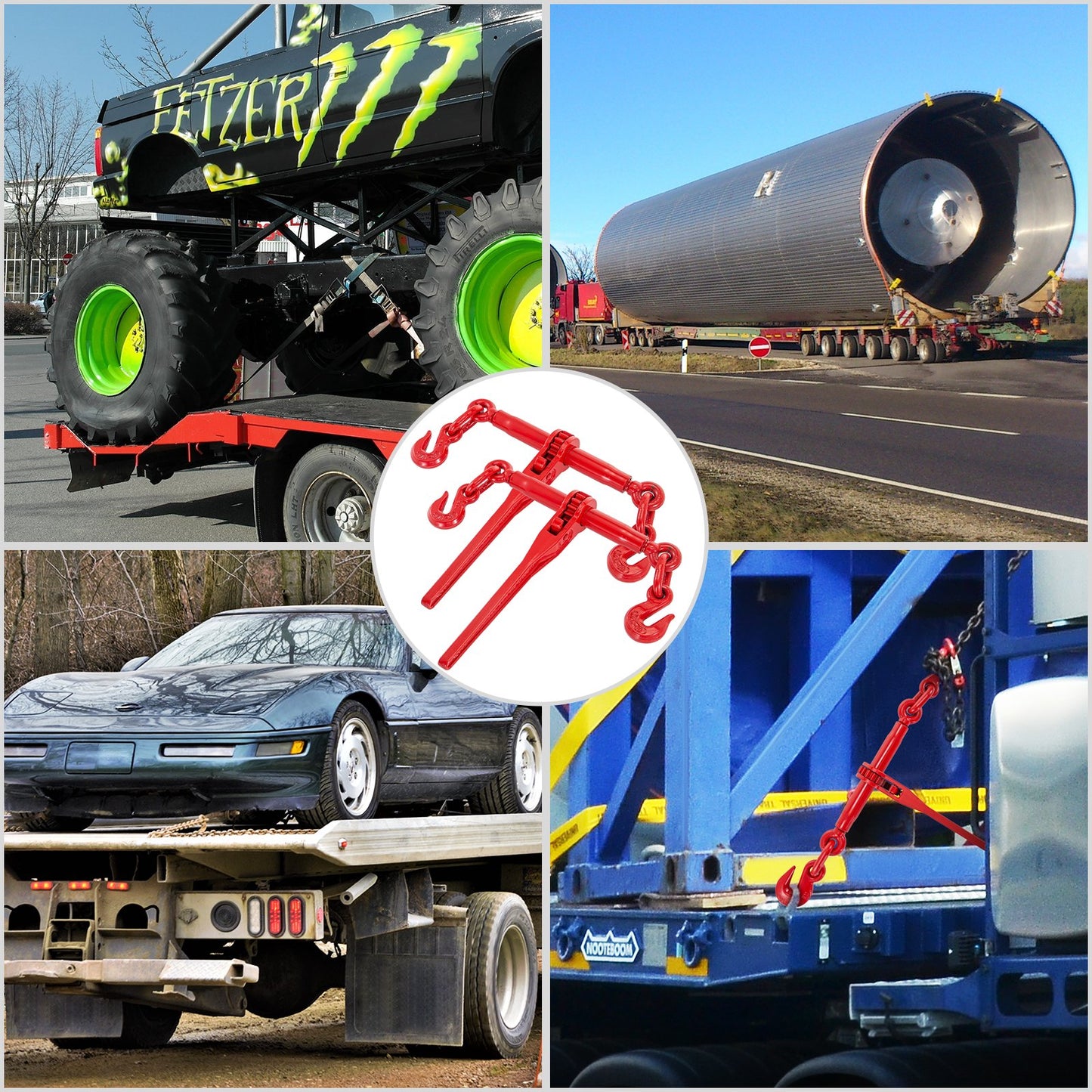 Kedjebindare 5/16-3/8, spärrlastbindare 6600lbs kapacitet, spärrspaksbindare med G70-krokar, justerbar längd, spärrkedjebindare för surrning, transport, bogsering, röd
