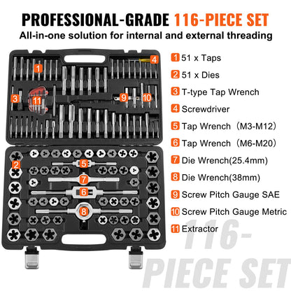 Tap and Die Set, 116-Piece Include Metric and SAE Size, Bearing Steel Taps and Dies, Essential Threading Tool for Cutting External Internal Threads, with Complete Accessories and Storage Case