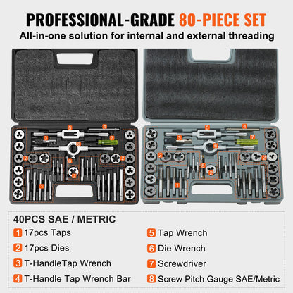 Tap and Die Set, 80-Piece Metric and SAE Standard, Bearing Steel Taps and Dies, Essential Threading Tool for Cutting External Internal Threads, with Complete Accessories and Storage Case
