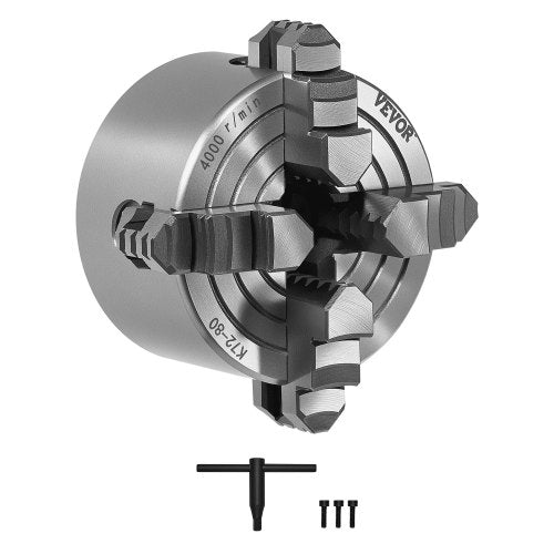 4-Jaw Lathe Chuck, 3 Inch (80 mm), 4-Jaw Chuck, 0.1-3.15 in (5-80 mm) Clamping Range with T-key Fixing Screws Reversible Jaws, HT300 Material, Internal External for Wood Metal Lathe