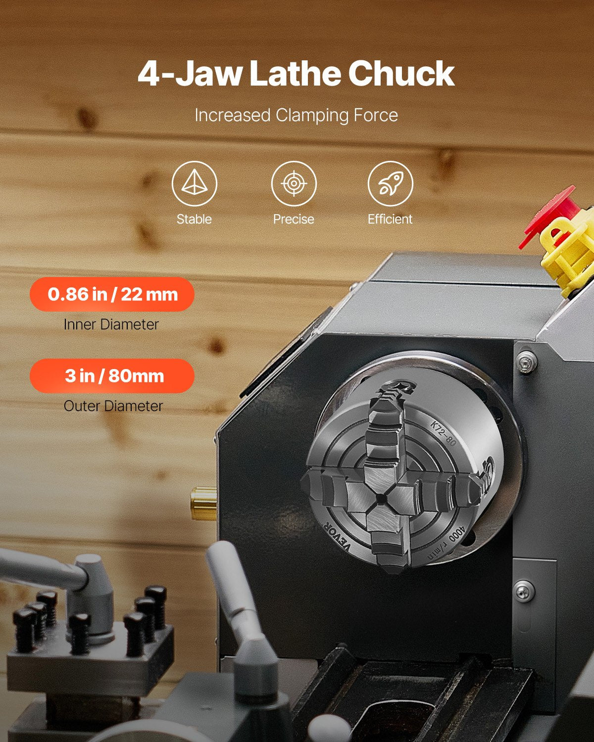 4-Jaw Lathe Chuck, 3 Inch (80 mm), 4-Jaw Chuck, 0.1-3.15 in (5-80 mm) Clamping Range with T-key Fixing Screws Reversible Jaws, HT300 Material, Internal External for Wood Metal Lathe