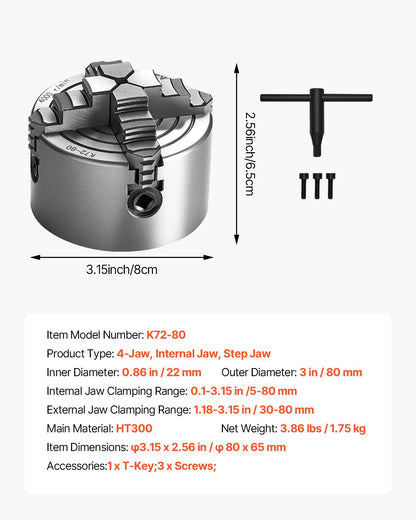 4-Jaw Lathe Chuck, 3 Inch (80 mm), 4-Jaw Chuck, 0.1-3.15 in (5-80 mm) Clamping Range with T-key Fixing Screws Reversible Jaws, HT300 Material, Internal External for Wood Metal Lathe