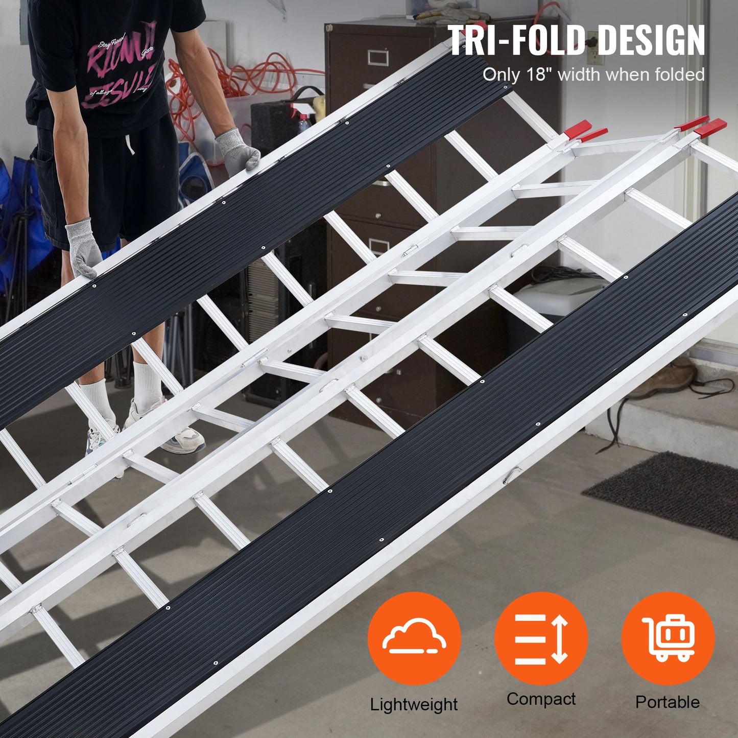 Tri-Fold Loading Ramp, 2160 x 1375 mm, Non-Slip Aluminum Trailer Ramp with Compact Design, Easy Storage, 680.4 kg Load Capacity, for Snowmobiles, ATVs, Tractors, Lawn Mowers, Carts, Motorcycles