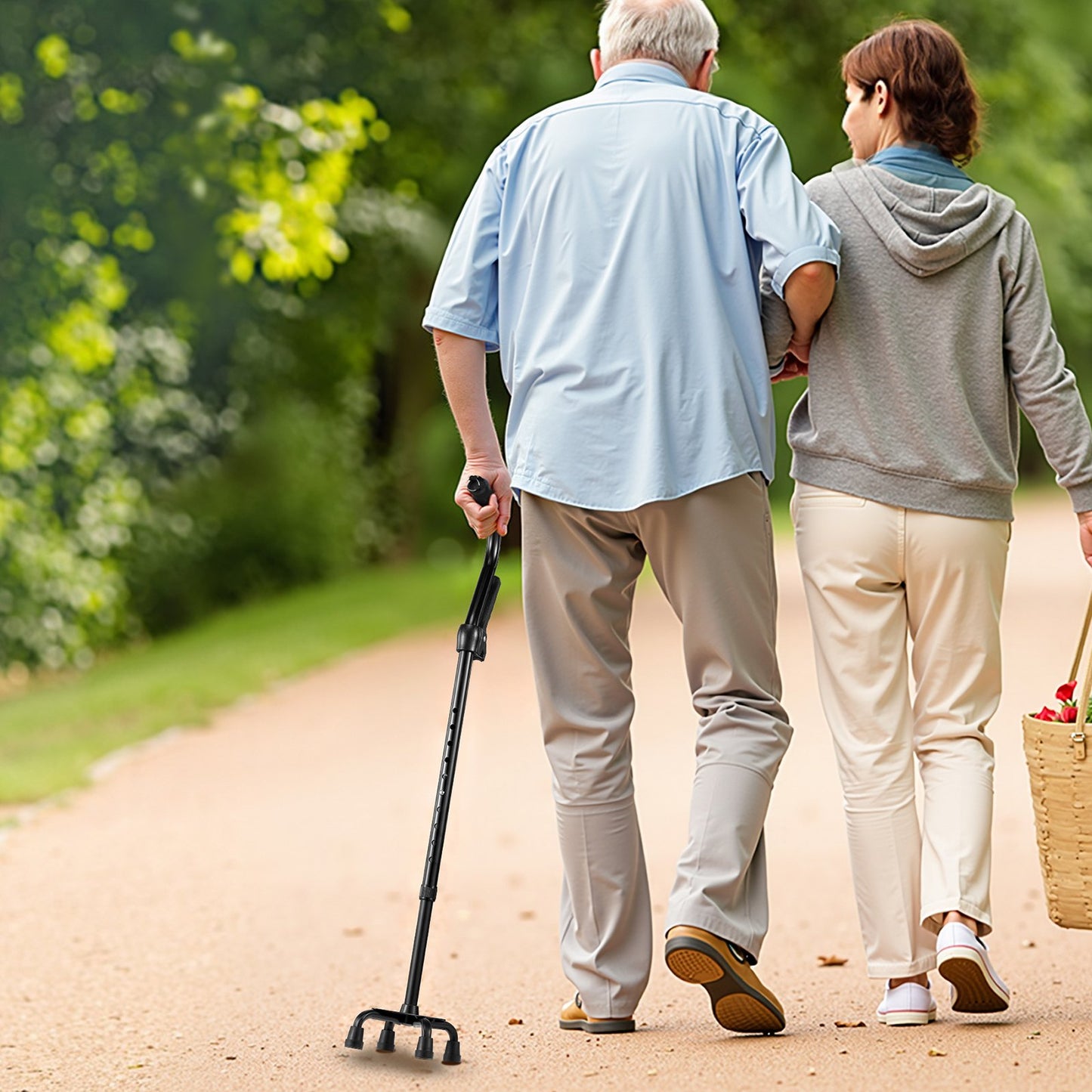 Quad Walking Cane, 10-Level Height Adjustable Walking Stick with 4-Pronged Stable Base, Lightweight & Portable Aluminum Mobility Walking Aid for Seniors Adults Man Woman, 250LBS Loading Capacity