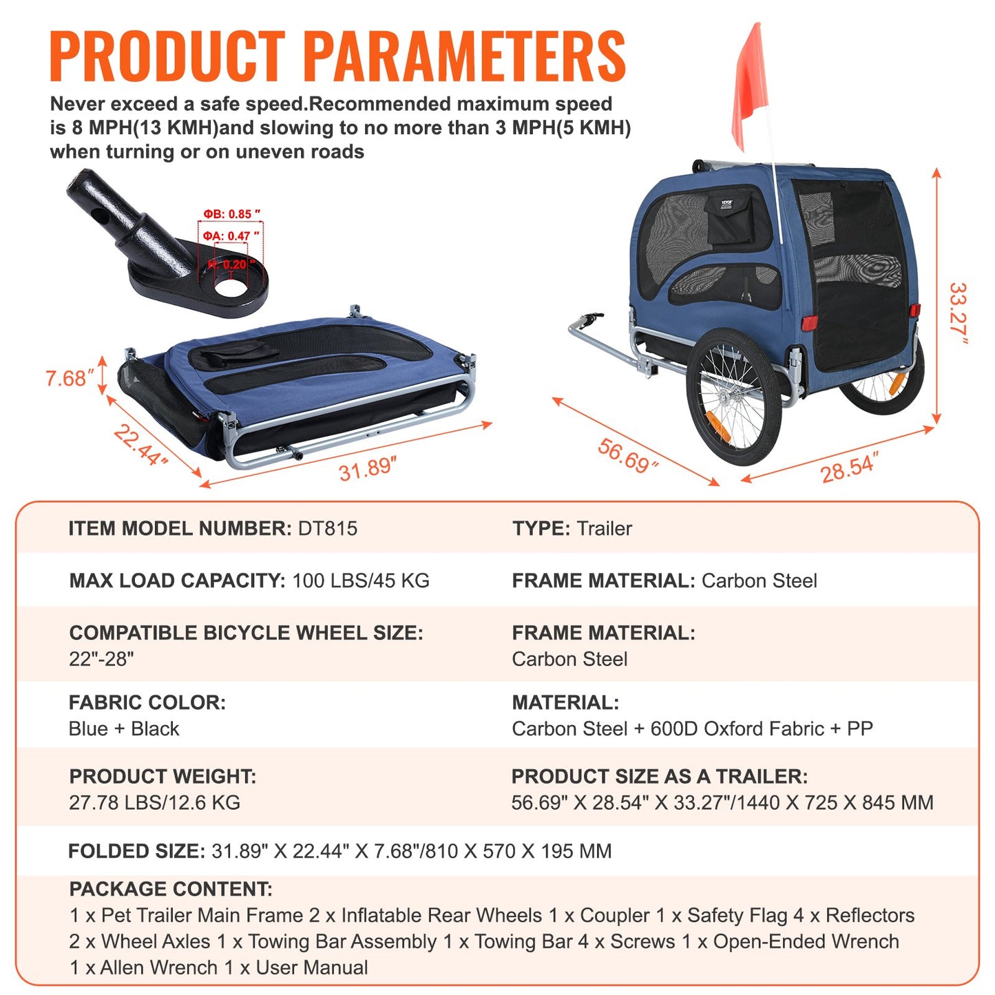 Hundcykelkärra, Stöder upp till 45 kg, Cykelhållare för husdjur, Lättfällbar ram med snabbkopplingshjul, Universal cykelfäste, Reflexer, Flagga, Hopfällbar för förvaring, Blå/Svart