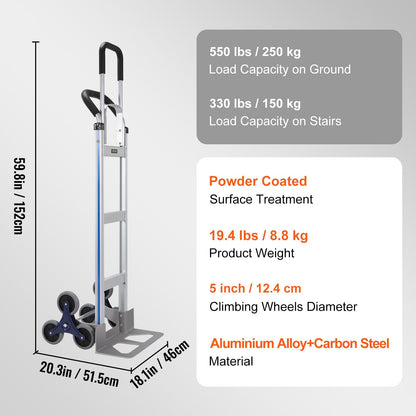 Stair Climbing Cart, 249.5 kg Load Capacity, Aluminum Hand Truck Dolly with Dual Handles, Integrated Frame & Nonslip Rubber Wheels, Multipurpose Stair Climber for Warehouse Shopping Airport