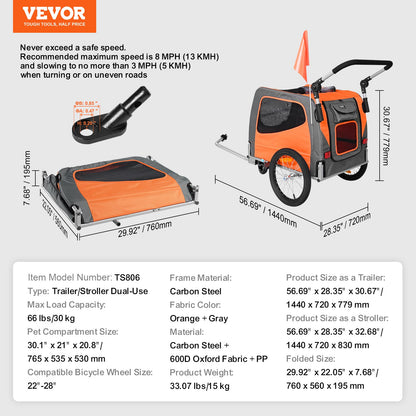 Cykelkärra för hund, stöder upp till 32 kg, 2-i-1 cykelhållare för husdjur, lätt hopfällbar vagnsram med snabbkopplingshjul, universal cykelfäste, reflexer, flagga, orange/grå