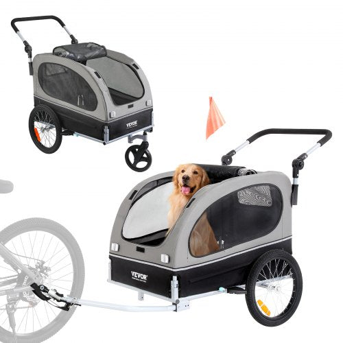Dog Bike Trailer, Supports up to 88 lbs, 2-in-1 Pet Stroller Cart Bicycle Carrier, Easy Folding Cart Frame with Quick Release Wheels, Universal Bicycle Coupler, Reflectors, Flag, Black/Gray