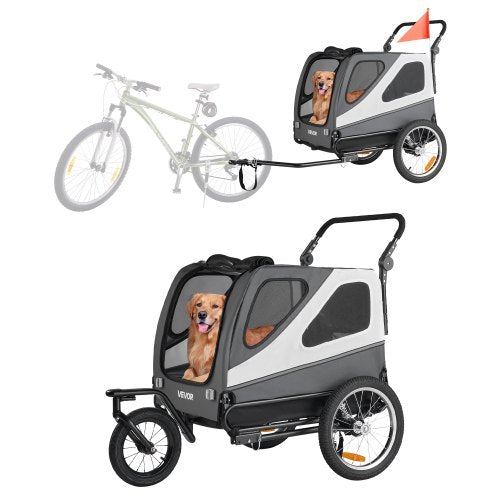 Dog Bike Trailer, Supports up to 45 kg, 2-in-1 Pet Stroller Cart Bicycle Carrier for Small & Large Dogs, Easy Folding Frame with Quick Release Wheel, Universal Bicycle Coupler, Internal Leash