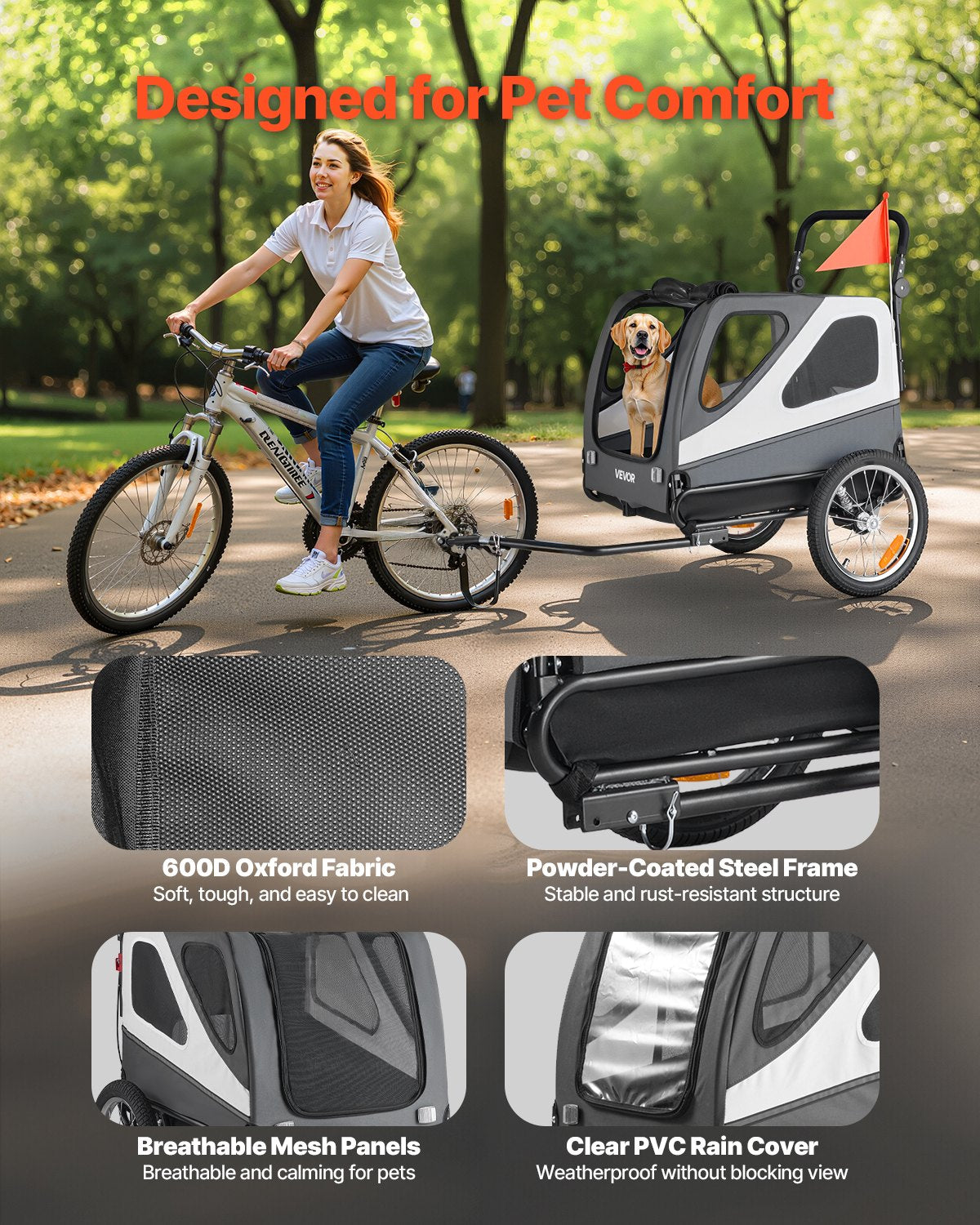 Dog Bike Trailer, Supports up to 45 kg, 2-in-1 Pet Stroller Cart Bicycle Carrier for Small & Large Dogs, Easy Folding Frame with Quick Release Wheel, Universal Bicycle Coupler, Internal Leash