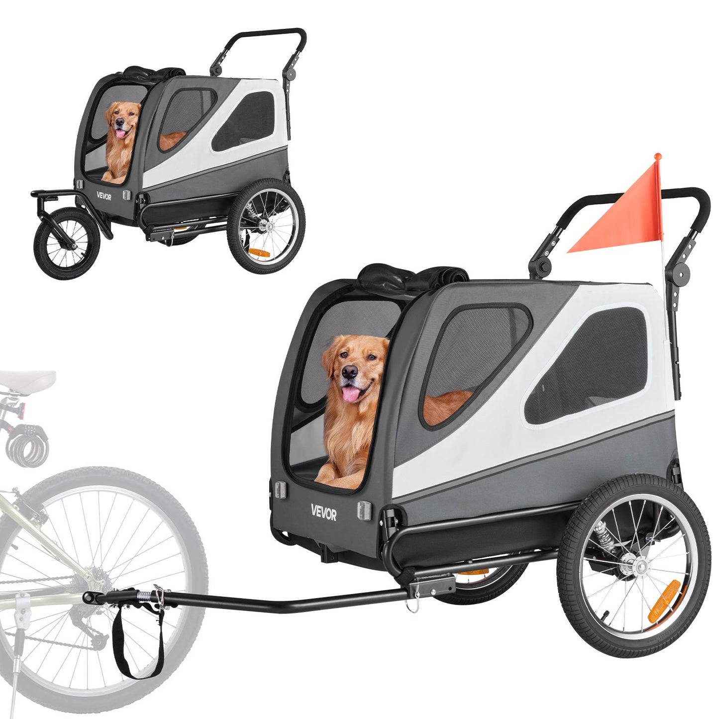 Dog Bike Trailer, Supports up to 45 kg, 2-in-1 Pet Stroller Cart Bicycle Carrier for Small & Large Dogs, Easy Folding Frame with Quick Release Wheel, Universal Bicycle Coupler, Internal Leash