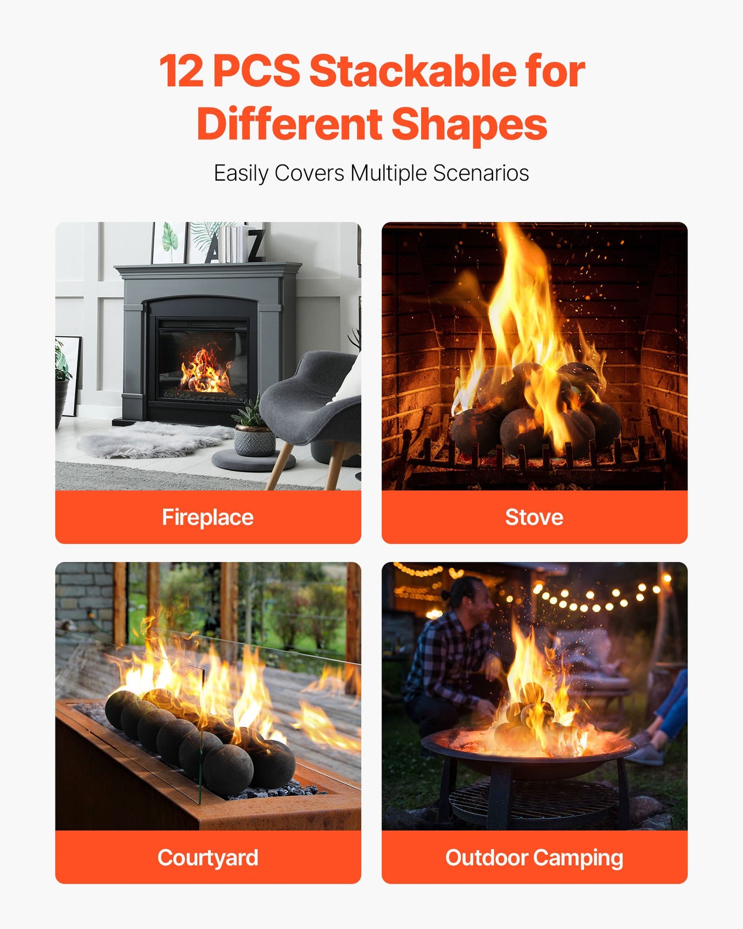 Ceramic Fire Balls, 100 mm 12 Pcs Round Fire Stones, Reusable Lava Rocks Indoor and Outdoor Use, Decorative Fire Pit Rocks for Propane/Gas Fireplace, Stove, Courtyard, Camping, Black