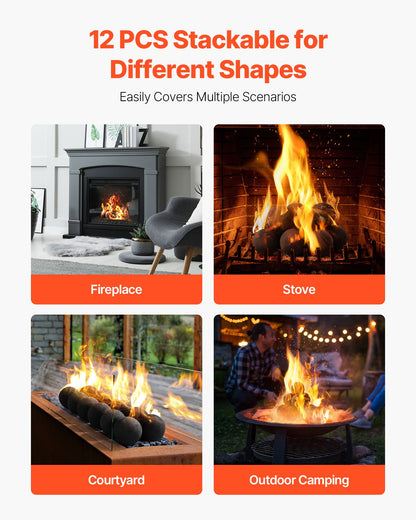 Ceramic Fire Balls, 100 mm 12 Pcs Round Fire Stones, Reusable Lava Rocks Indoor and Outdoor Use, Decorative Fire Pit Rocks for Propane/Gas Fireplace, Stove, Courtyard, Camping, Black