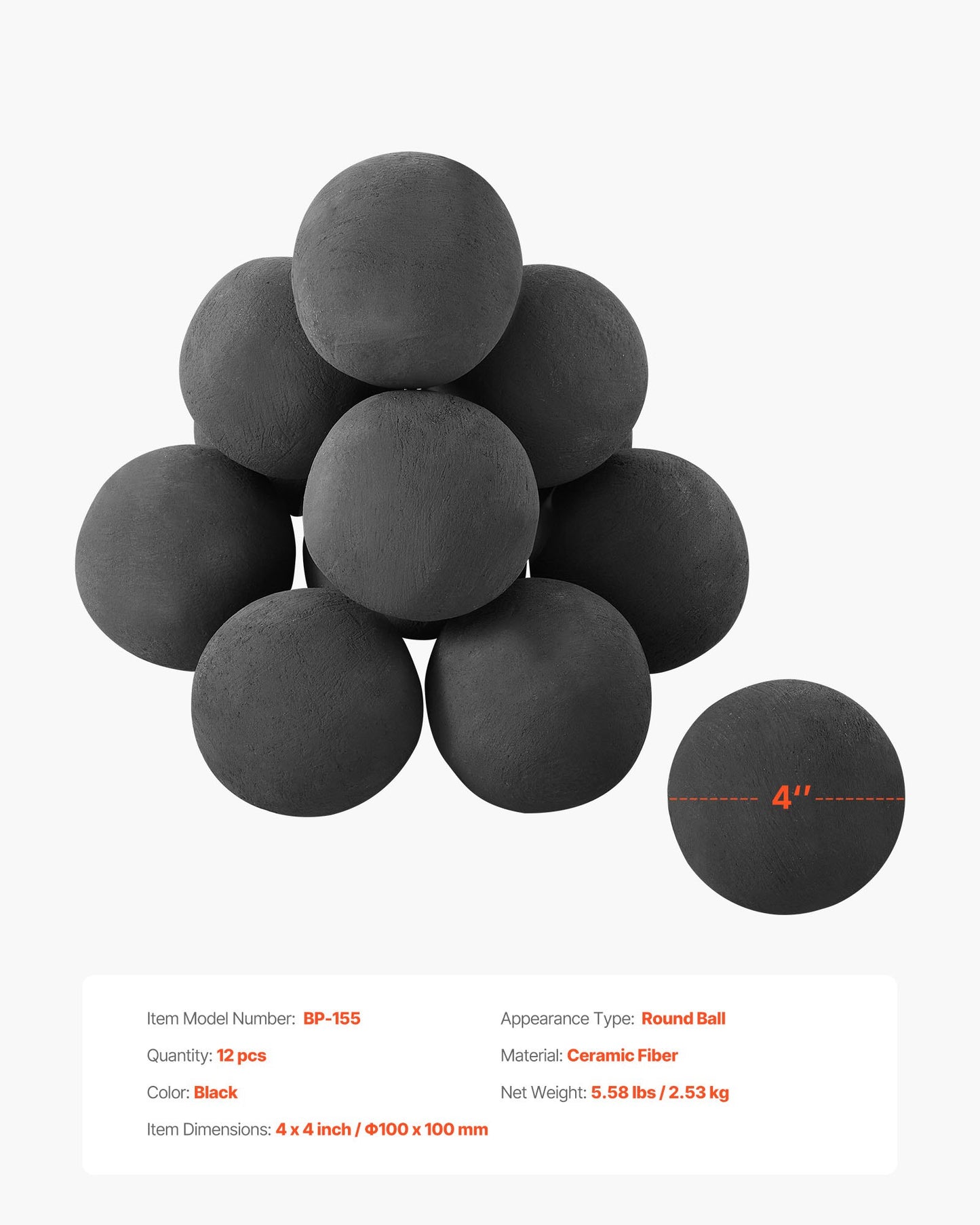 Ceramic Fire Balls, 100 mm 12 Pcs Round Fire Stones, Reusable Lava Rocks Indoor and Outdoor Use, Decorative Fire Pit Rocks for Propane/Gas Fireplace, Stove, Courtyard, Camping, Black