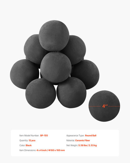 Ceramic Fire Balls, 100 mm 12 Pcs Round Fire Stones, Reusable Lava Rocks Indoor and Outdoor Use, Decorative Fire Pit Rocks for Propane/Gas Fireplace, Stove, Courtyard, Camping, Black