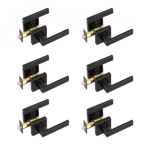 Passage Door Handle, 6 Pack Matte Black Door Lever, Left or Right Handing Reversible Lever Non-Locking, 45° Rotation to Open, Universal Square Interior for Hallways, Closets, Meeting Spaces