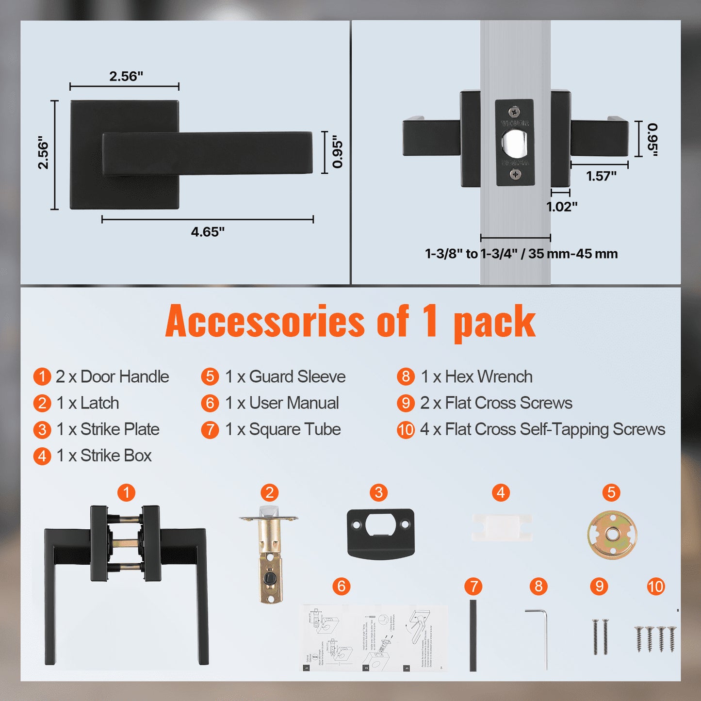 Passage Door Handle, 6 Pack Matte Black Door Lever, Left or Right Handing Reversible Lever Non-Locking, 45° Rotation to Open, Universal Square Interior for Hallways, Closets, Meeting Spaces