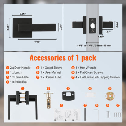 Passage Door Handle, 6 Pack Matte Black Door Lever, Left or Right Handing Reversible Lever Non-Locking, 45° Rotation to Open, Universal Square Interior for Hallways, Closets, Meeting Spaces