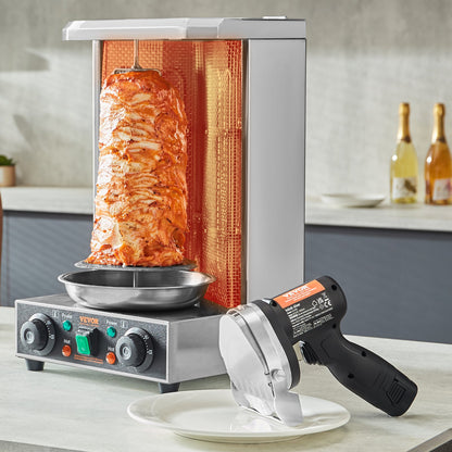 Elektrisk Shawarma-kniv, 80W sladdlös batteridriven professionell turkisk kniv, kommersiell gyroskärare i rostfritt stål, dönerkebabköttskärare med 2 blad, Φ4"/100mm, 0-8mm justerbar tjocklek
