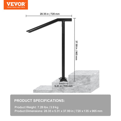 Handrail, 1-3 Step Black Steel Railing for Steps 330LBS Capacity Stair Handrail Baking Varnish Metal Handrail for Stairs Stylish Handrails for Outdoor Steps with Expansion Bolts & Drill Bit