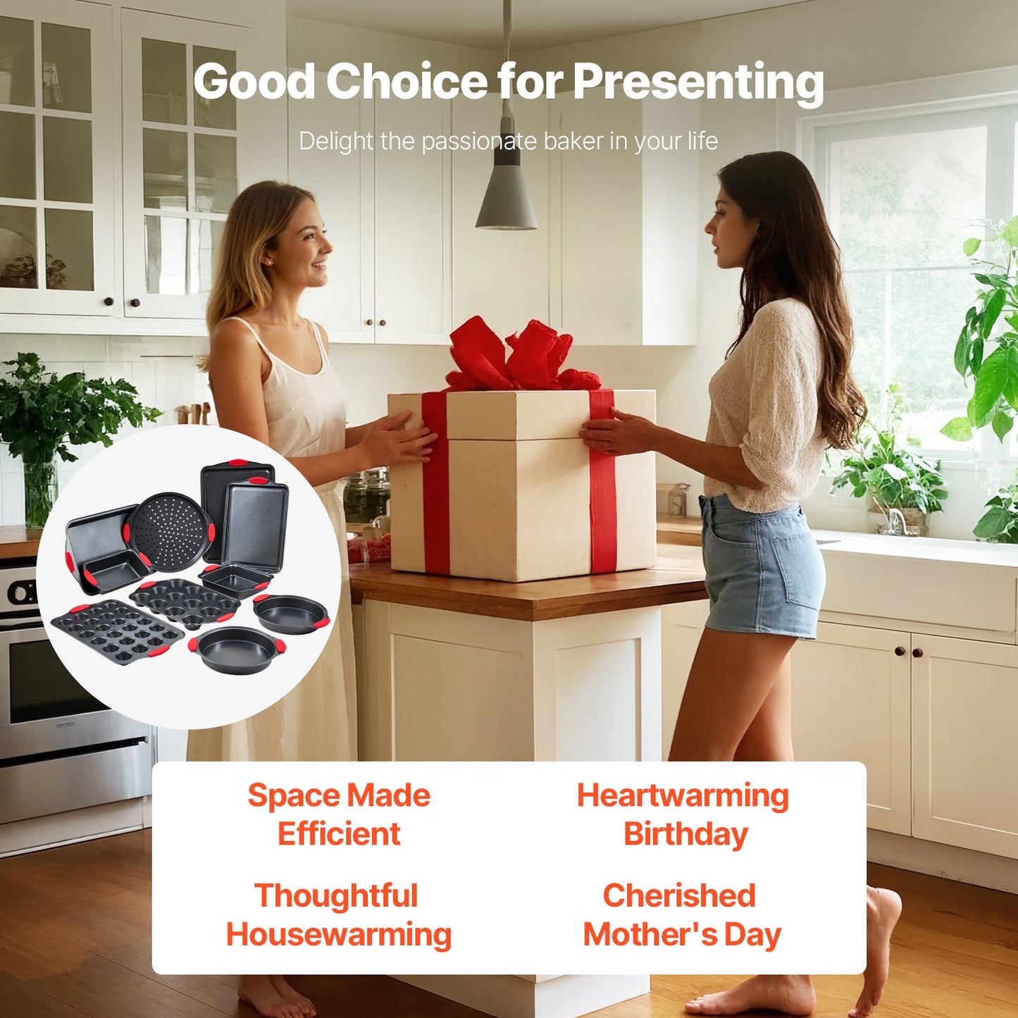 Bakformsset, 10-delars, nonstick-beläggning med kokkärl och brickor i kolstål, stapelbara bakformsset för köksugn med silikonhandtag, lätt att rengöra, för bakning av kakor, tårtor, muffins, bröd