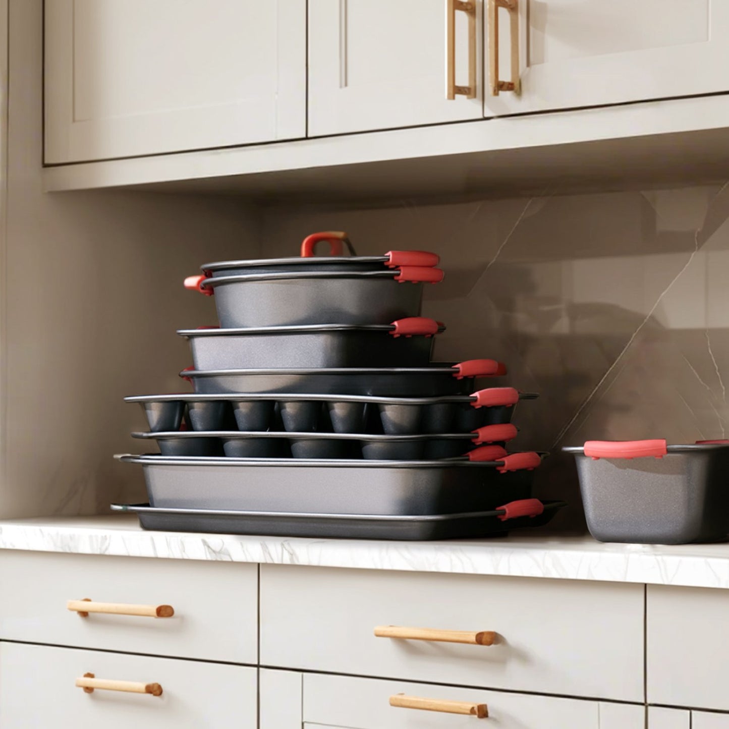 Bakformsset, 10-delars, nonstick-beläggning med kokkärl och brickor i kolstål, stapelbara bakformsset för köksugn med silikonhandtag, lätt att rengöra, för bakning av kakor, tårtor, muffins, bröd