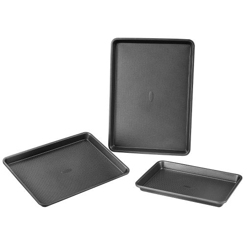 Baking Pans Set, 3-Piece, Nonstick Carbon Steel Cookware Sheets & Trays, Stackable Kitchen Oven Bakeware Cooking Sets with Silicone Handles, Easy to Clean, for Baking Cookie Cake Muffin Bread