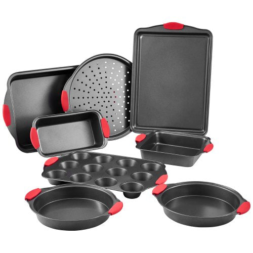 Baking Pans Set, 8-Piece, Nonstick Carbon Steel Cookware Sheets & Trays, Stackable Kitchen Oven Bakeware Cooking Sets with Silicone Handles, Easy to Clean, for Baking Cookie Cake Muffin Bread