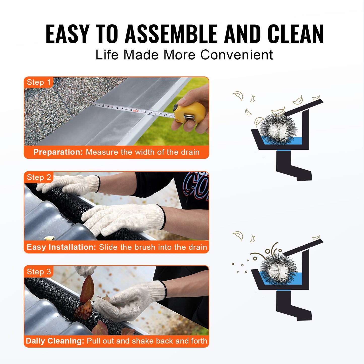 Rännborste, 30 fot total längd 4,33 tum diameter rännrengöringsverktyg, marknivå rännborste lövskydd för 5 tums hängrännor, enkelt att ta bort löv och skräp från taket, 10-pack