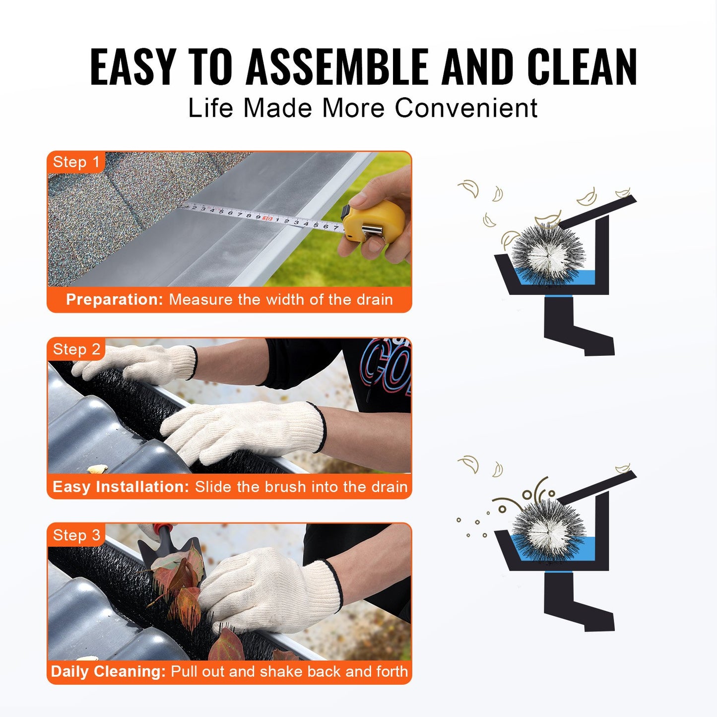 Rännborste, 60 fot total längd 4,33 tum diameter rännrengöringsverktyg, marknivå rännborste lövskydd för 5 tums hängrännor, enkelt att ta bort löv och skräp från taket, 20-pack