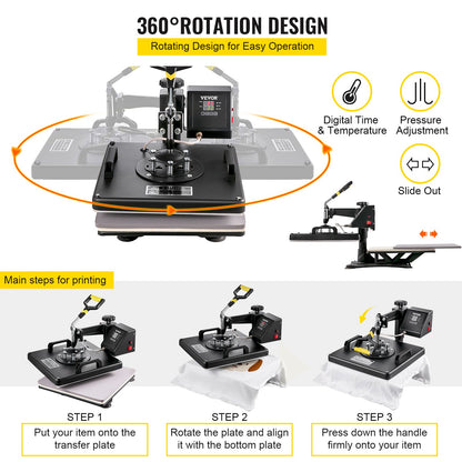 Heat Press 8 in 1 Heat Press Machine 38x38cm Heat Transfer Press 15x15Inch T-shirt Press Mulitifuctional Sublimation Machine for T-shirt Mug Hat Plate Transfer
