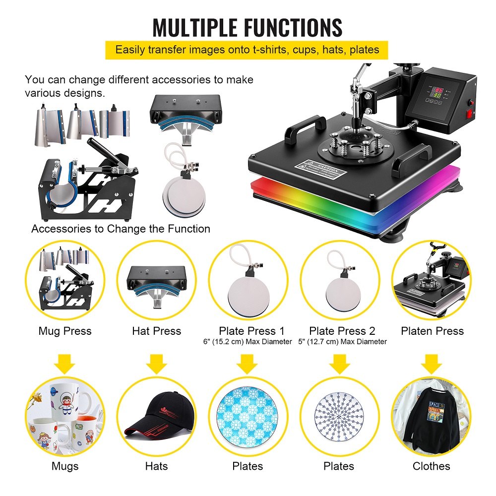 Heat Press 8 in 1 Heat Press Machine 38x38cm Heat Transfer Press 15x15Inch T-shirt Press Mulitifuctional Sublimation Machine for T-shirt Mug Hat Plate Transfer