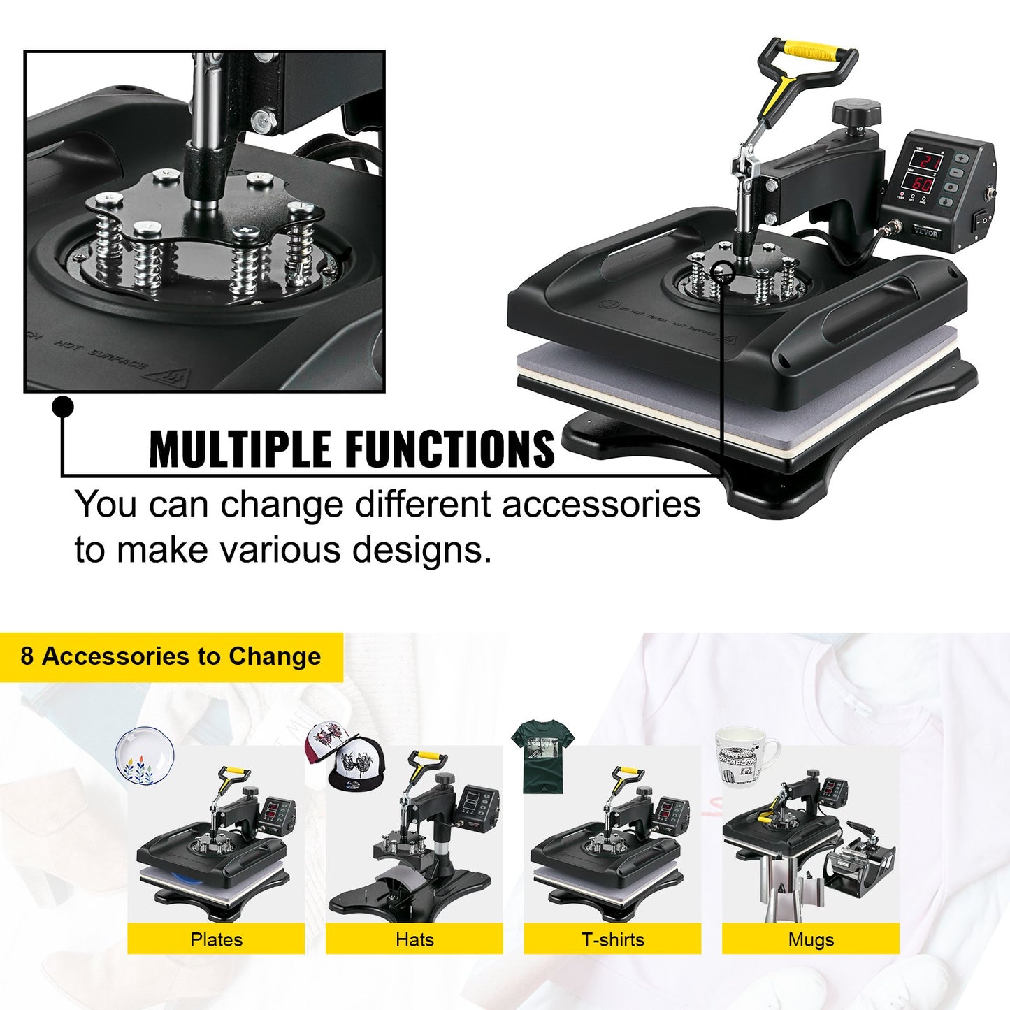 Heat Press Machine 38.1x38.1 cm 8 In 1 Heat Press 1000W Sublimation Machine 360° Rotation Swing Away Heat Press 8 In 1 Shirt Printing Machine Dual-Tube Heating for DIY T-Shirts Cap Mugs (Black)