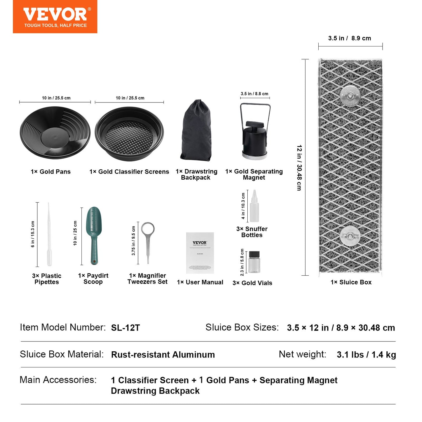 Guldvaskningssats med mini-slusslåda, 12" aluminiumutrustning för guldbrytning, 16 delar guldprospekteringssats med guldskål, klassificeringsskärm, separeringsmagnet, ryggsäck med dragsko och tillbehör