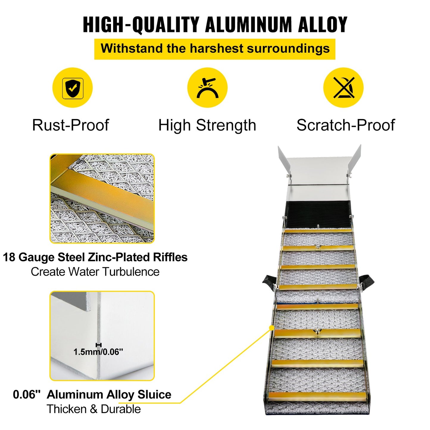 Hopfällbar slusslåda i aluminiumlegering, kompakta 50-tums slusslådor för guld, lättviktig slussutrustning för guld, bärbara slusslådor med gruvmossa, flod, bäck, guldvaskning, prospektering, muddring
