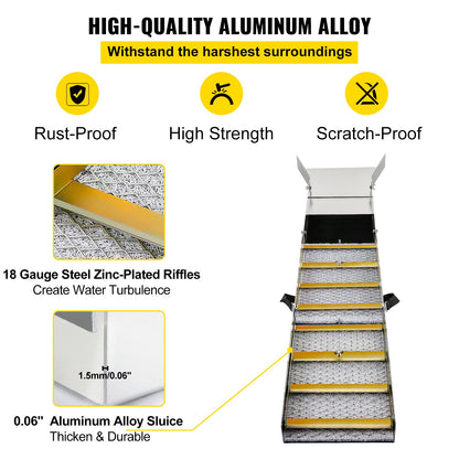 Hopfällbar slusslåda i aluminiumlegering, kompakta 50-tums slusslådor för guld, lättviktig slussutrustning för guld, bärbara slusslådor med gruvmossa, flod, bäck, guldvaskning, prospektering, muddring